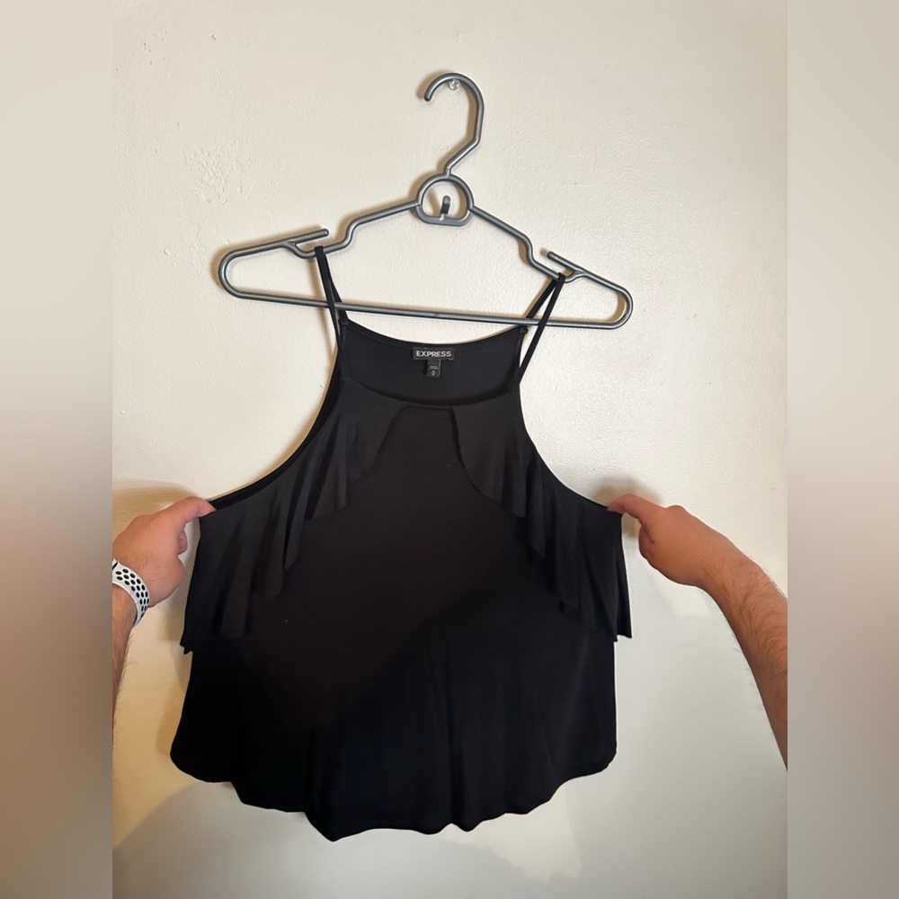 Women’s Express High Neck Black Ruffle Top - Size Medium - Picture 3 of 4